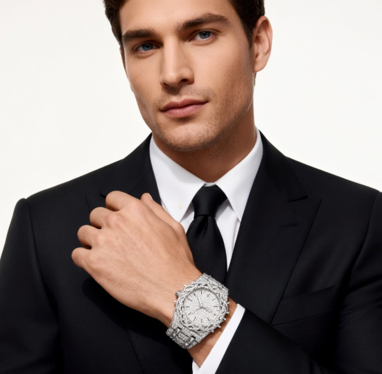 PINTIME Men's Thorn Spike Quartz Watch — Iced Out Rhinestone, Luminous Hands, Water-Resistant