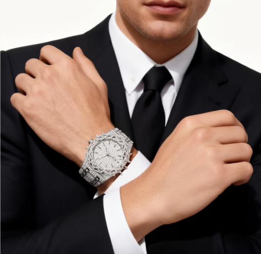 PINTIME Men's Thorn Spike Quartz Watch — Iced Out Rhinestone, Luminous Hands, Water-Resistant