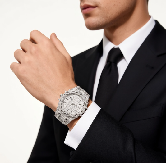 PINTIME Men's Thorn Spike Quartz Watch — Iced Out Rhinestone, Luminous Hands, Water-Resistant