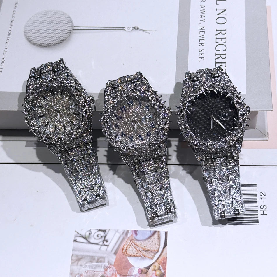 PINTIME Men's Thorn Spike Quartz Watch — Iced Out Rhinestone, Luminous Hands, Water-Resistant
