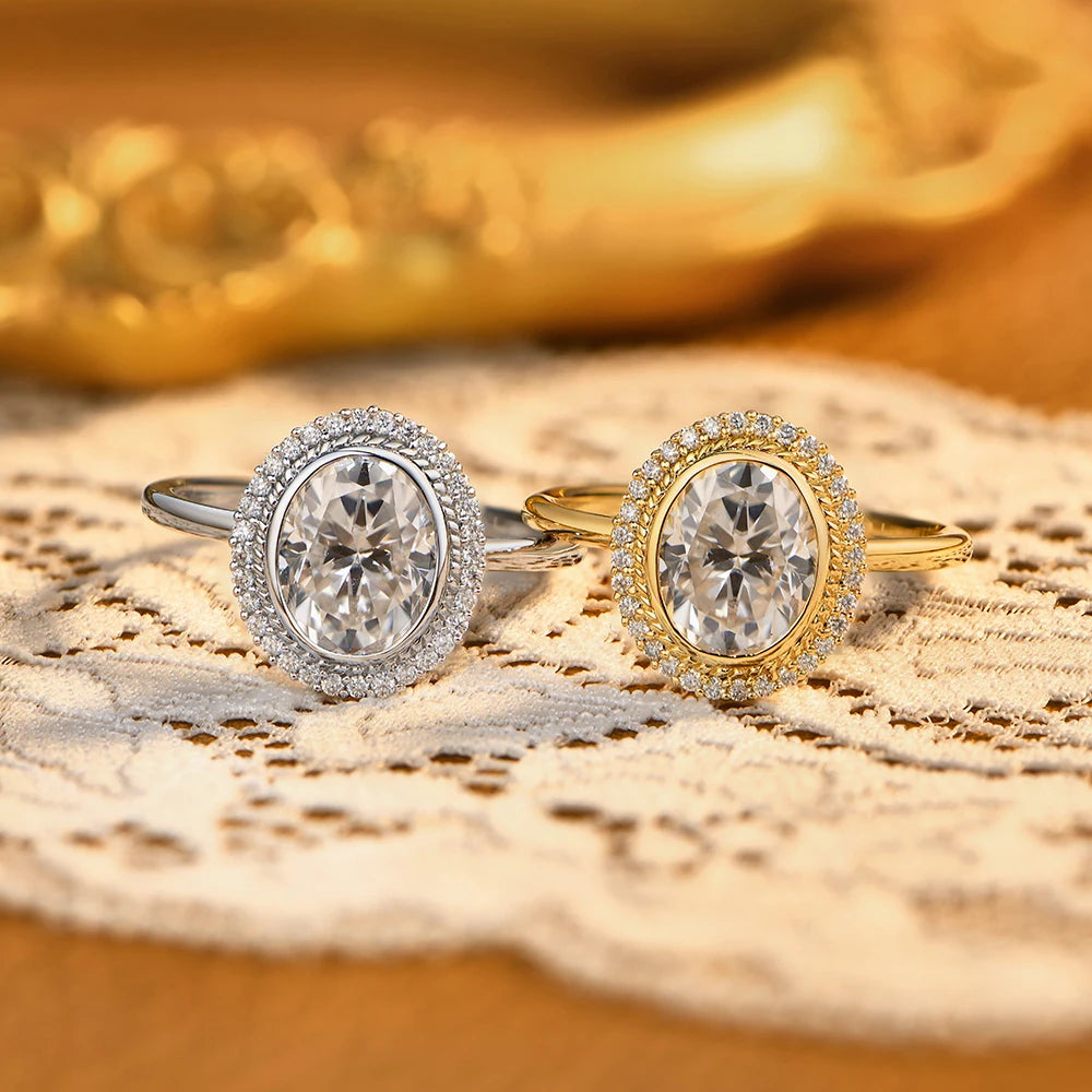 2.0CT Oval Cut Moissanite Halo Engagement Ring | D VVS1 | 925 Sterling Silver | 18K Gold Plated