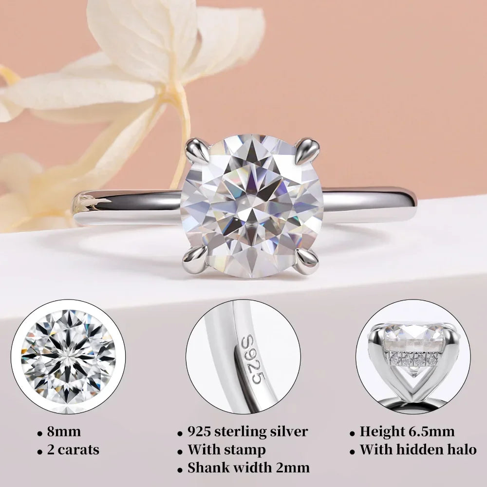 Lumilux Round Moissanite Solitaire Ring | 2CT D Color VVS1 | 925 Sterling Silver | GRA Certified