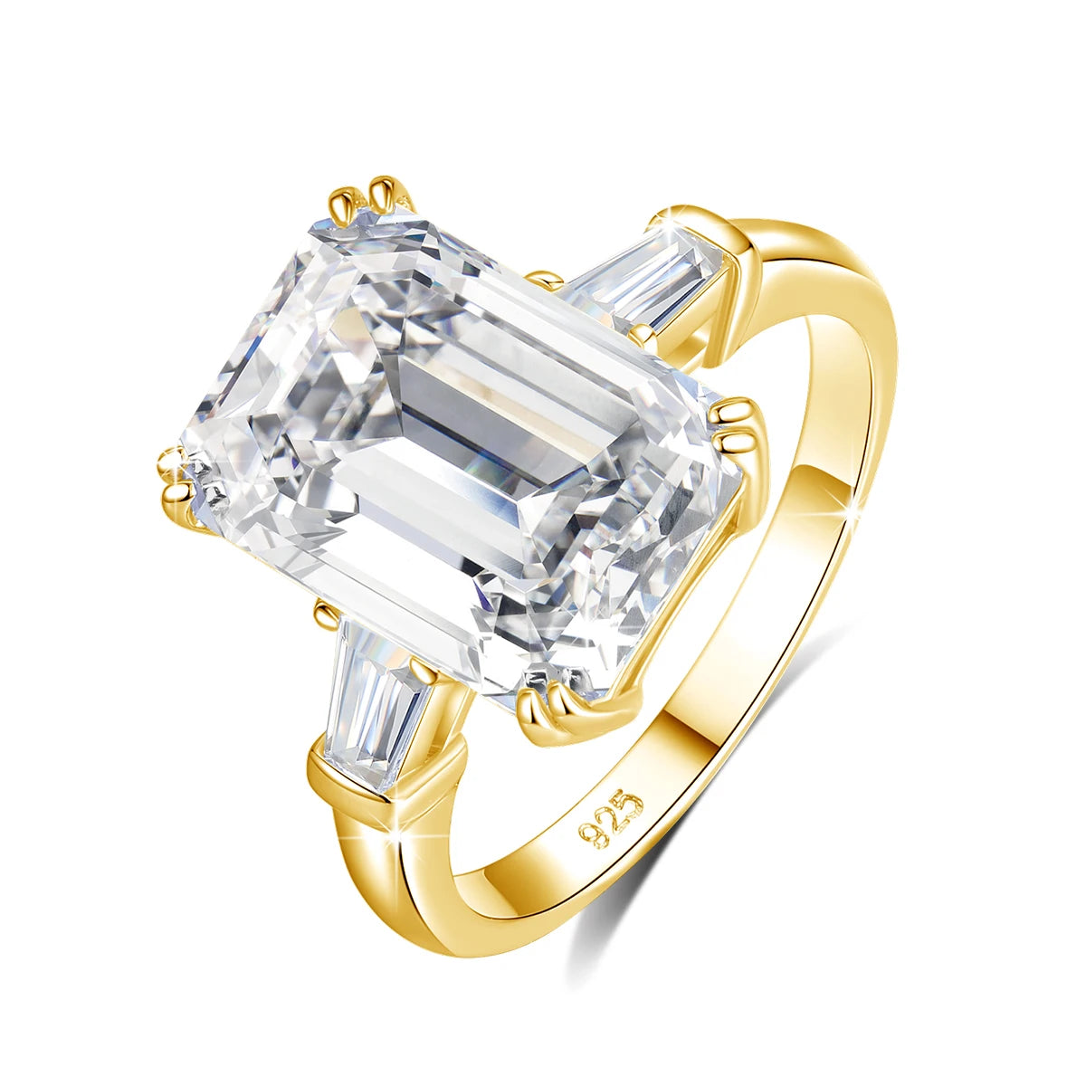 10ct Emerald Cut Moissanite Ring | D Color VVS1 | Gold Plated 925 Silver