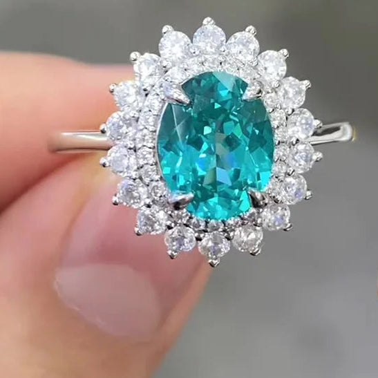 Lumilux Oval Paraíba Ring | Lab-Grown Gemstone | 925 Sterling Silver & 18K White Gold
