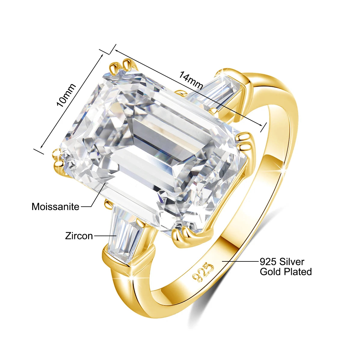 10ct Emerald Cut Moissanite Ring | D Color VVS1 | Gold Plated 925 Silver