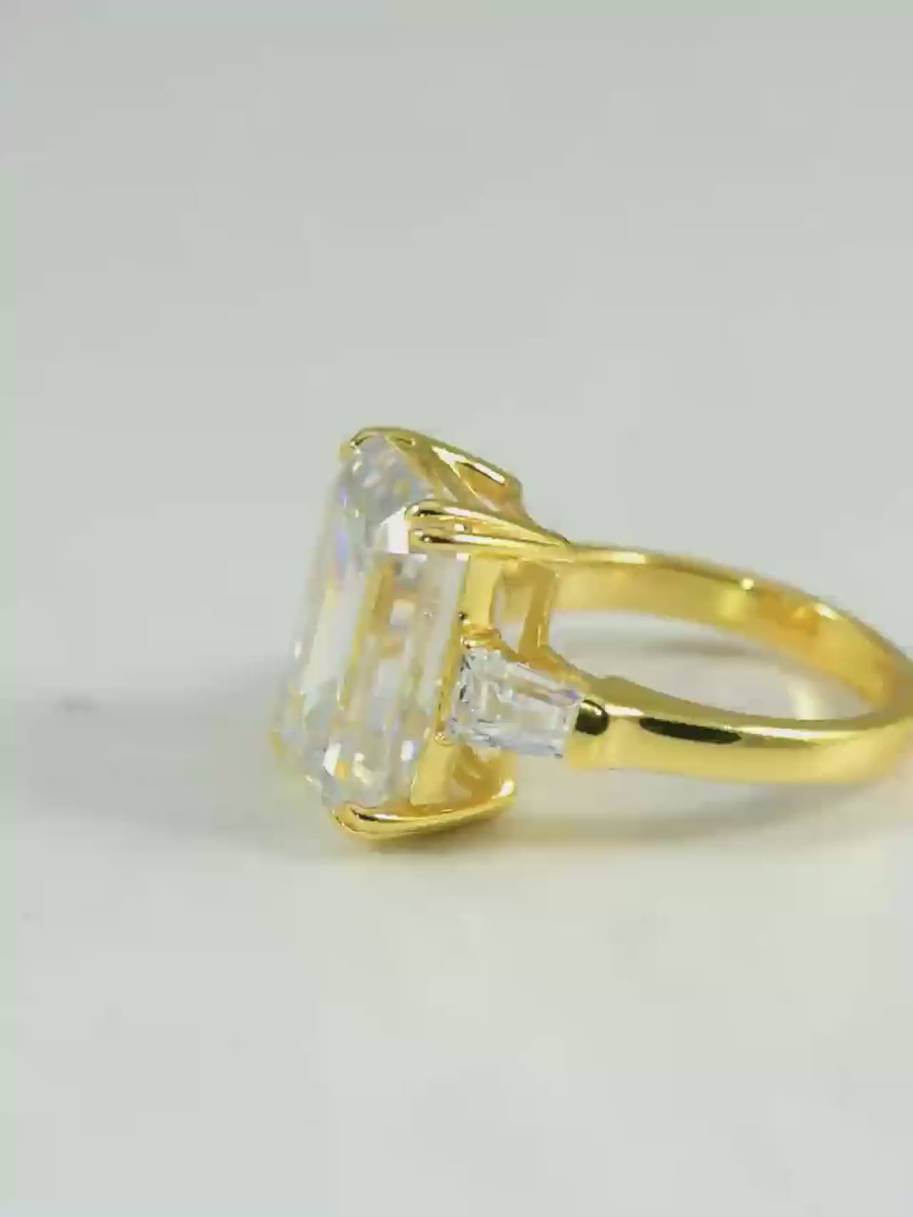 10ct Emerald Cut Moissanite Ring | D Color VVS1 | Gold Plated 925 Silver