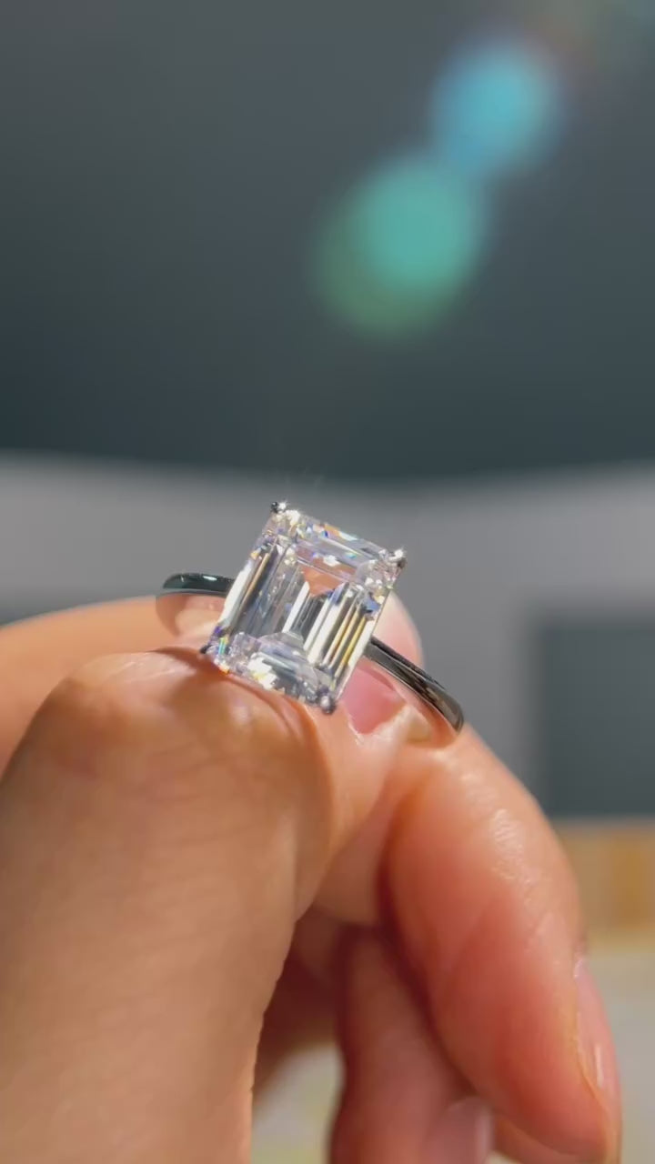 4 Carat Emerald Cut Moissanite Engagement Ring | 925 Sterling Silver | D Color VVS1