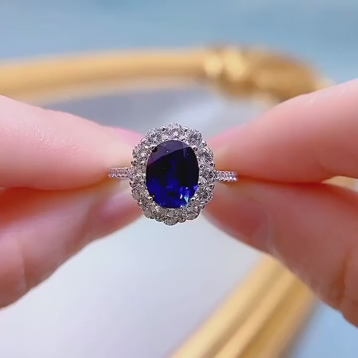 Oval Blue Sapphire Halo Engagement Ring | 925 Sterling Silver | VVS1 Moissanite