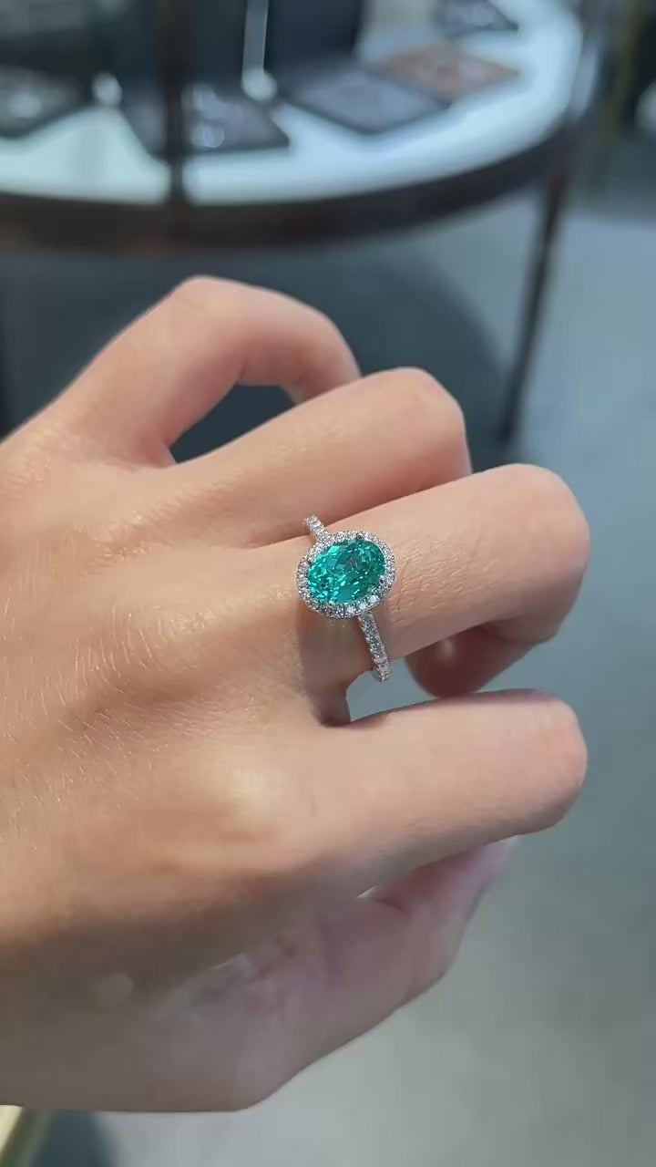 1.5CT Oval Paraiba Moissanite Engagement Ring | 925 Sterling Silver Halo Bridal Band